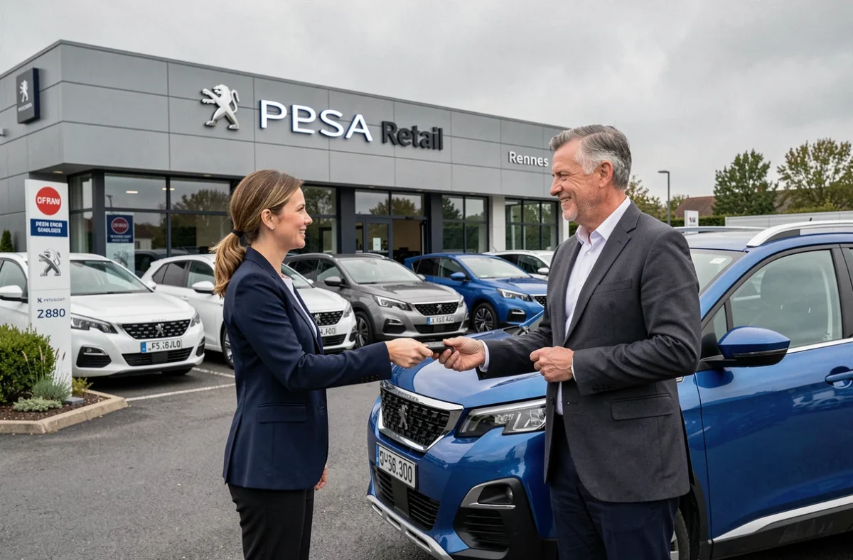 Remise de clés à un client devant la concession Peugeot PSA Retail Rennes avec véhicules occasion en arrière-plan