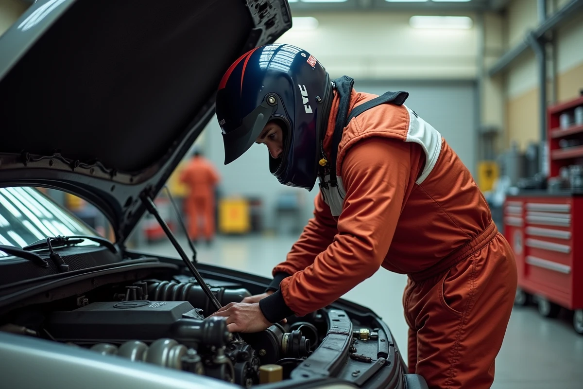 Pilote amateur inspectant le moteur d'une Peugeot 306 préparée dans le paddock d'un circuit