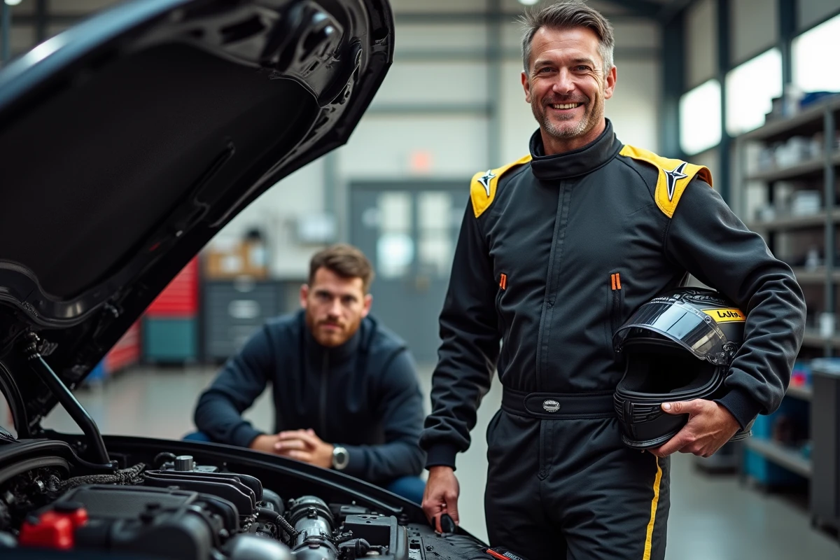 Pilote passionné discutant avec un technicien Shiftech de la reprogrammation moteur de son coupé sportif en atelier
