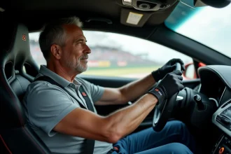 Pilote confiant ajustant harnais dans voiture de luxe