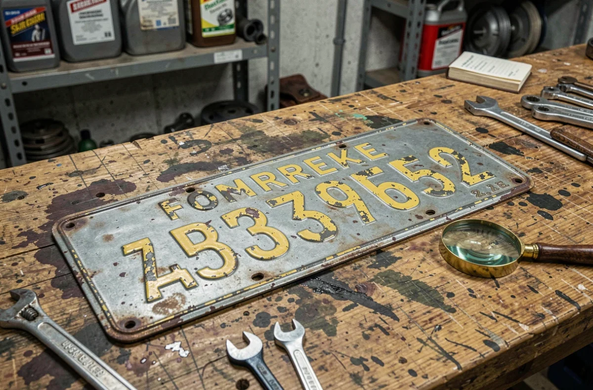 Plaque d'immatriculation ancienne posée sur un établi de garage avec outils et carnet de recherche pour identifier l'histoire d'un véhicule de collection