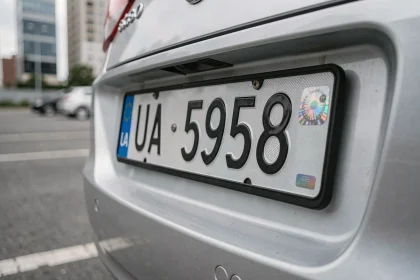Gros plan réaliste d'une plaque d'immatriculation avec indicatif pays UA montée sur un véhicule en parking urbain