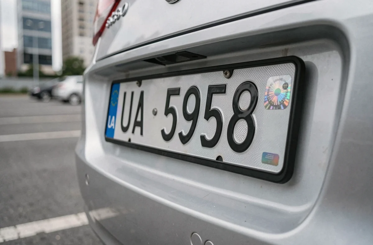 Gros plan réaliste d'une plaque d'immatriculation avec indicatif pays UA montée sur un véhicule en parking urbain