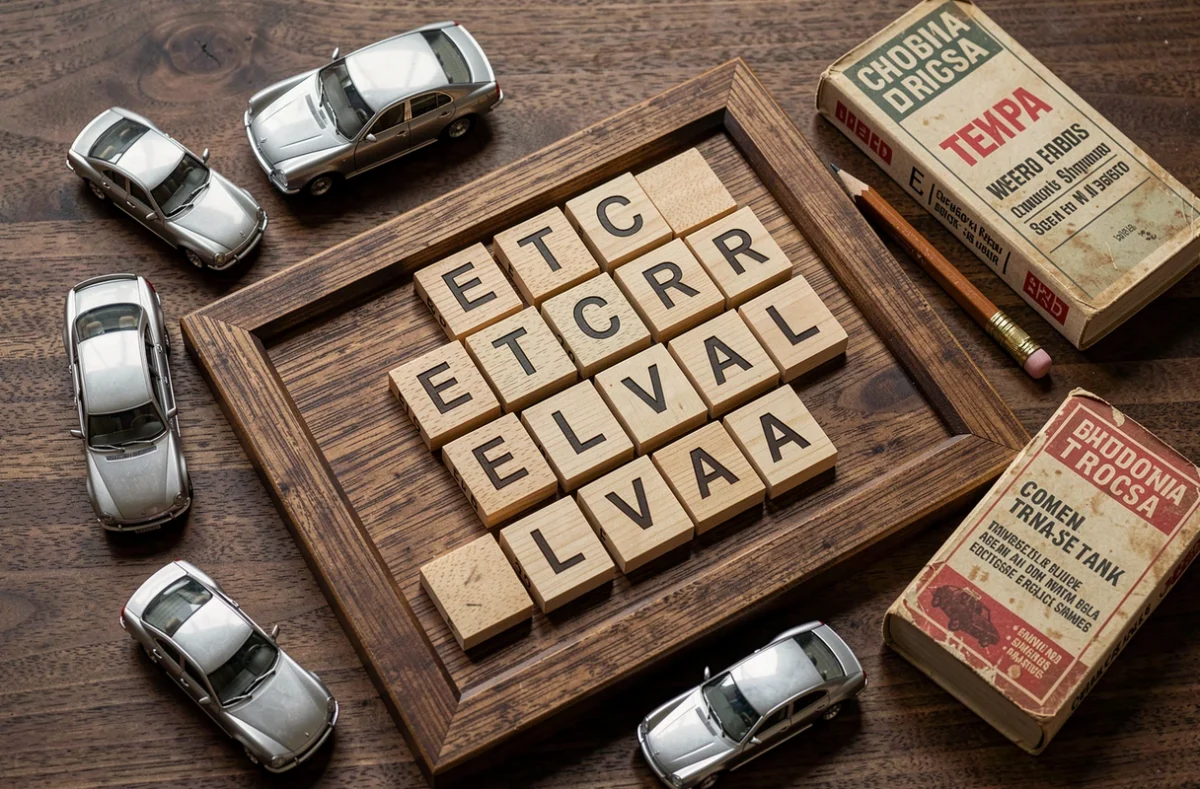Plateau de jeu de lettres avec des noms de marques automobiles en E pour un quiz voiture
