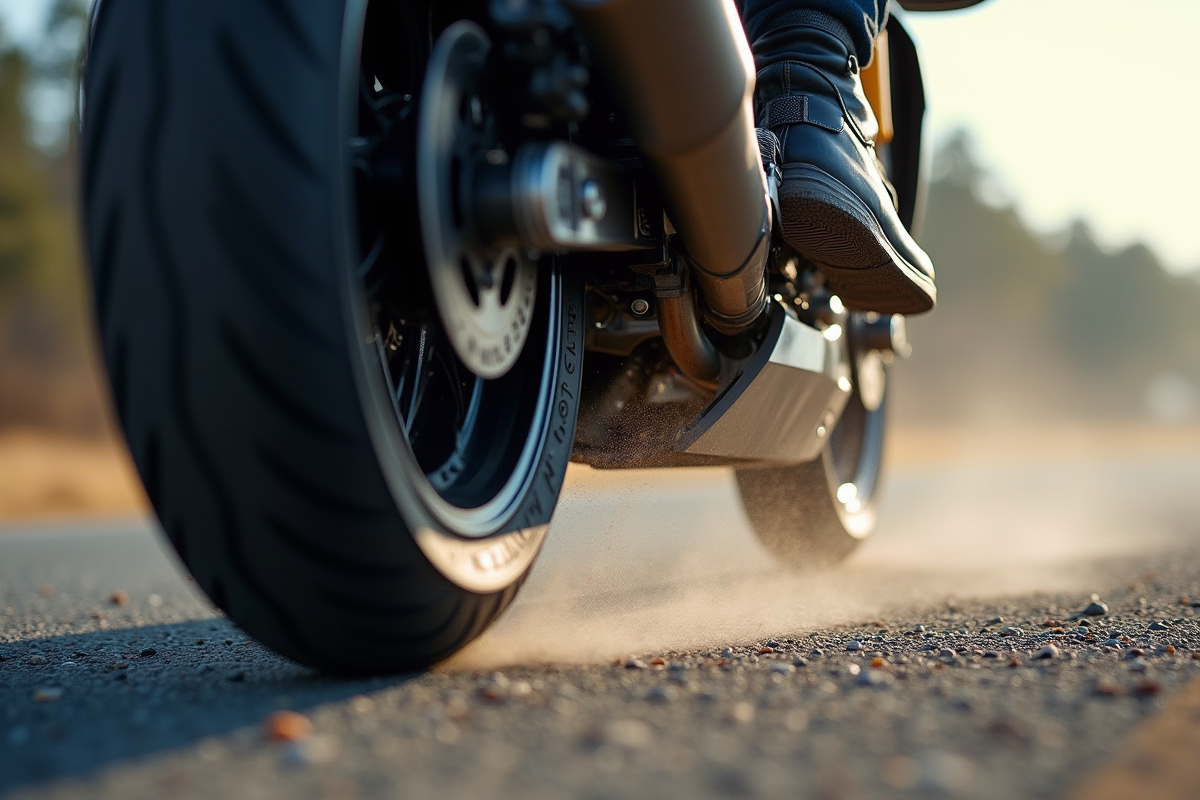 Gros plan sur pneu moto et bottine en virage sur asphalte