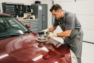 Technicien appliquant de la polish carrosserie sur un capot de voiture rouge avec une polisseuse orbitale dans un garage propre