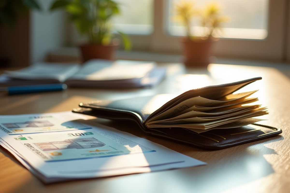 Portefeuille ouvert avec billets euros et dollars sur un bureau en bois