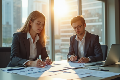 Deux professionnels d'assurance discutent au bureau