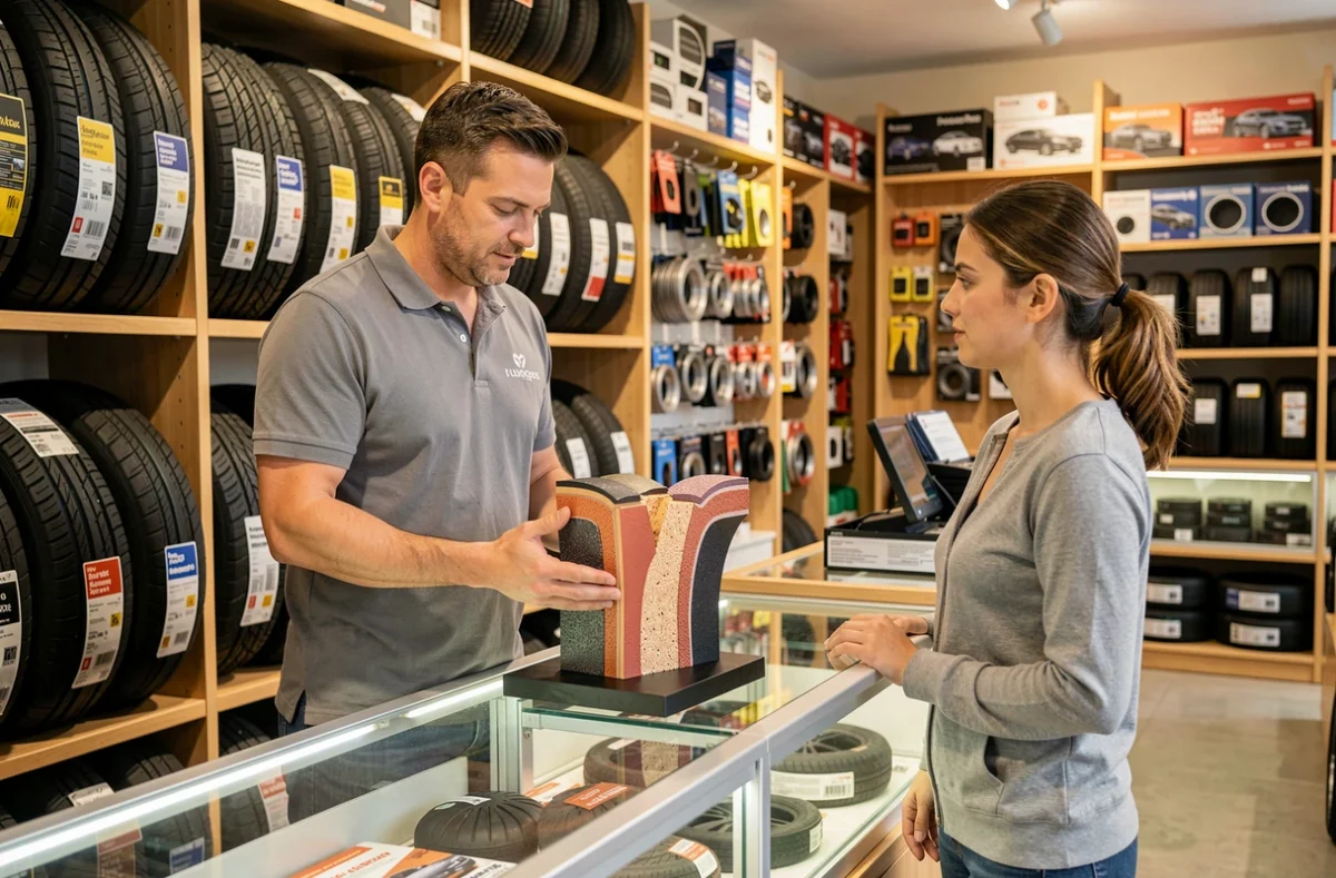 Technicien de Profil Plus Limoges présentant un pneu à une cliente dans la boutique spécialisée en pneumatiques