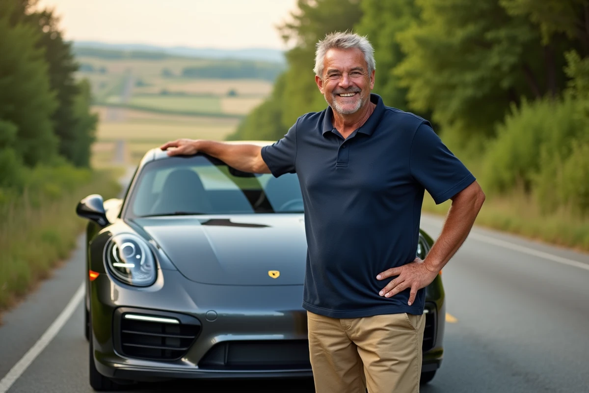 Homme passionné posant à côté de sa voiture sportive en campagne