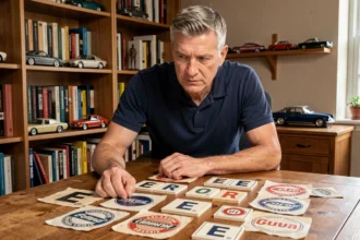 Homme examinant des logos de marques de voiture commençant par la lettre E pour un quiz automobile