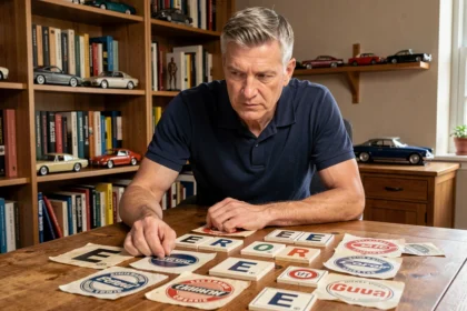 Homme examinant des logos de marques de voiture commençant par la lettre E pour un quiz automobile