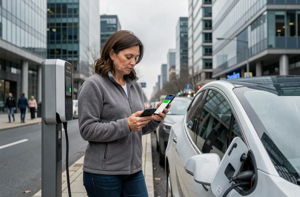 Femme utilisant un démarreur portable et une application mobile pour gérer la batterie d'un véhicule électrique en ville