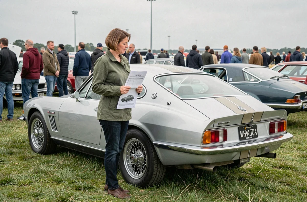 Femme consultant l'historique d'une voiture ancienne lors d'un salon de véhicules de collection en plein air, plaque d'immatriculation visible à l'arrière