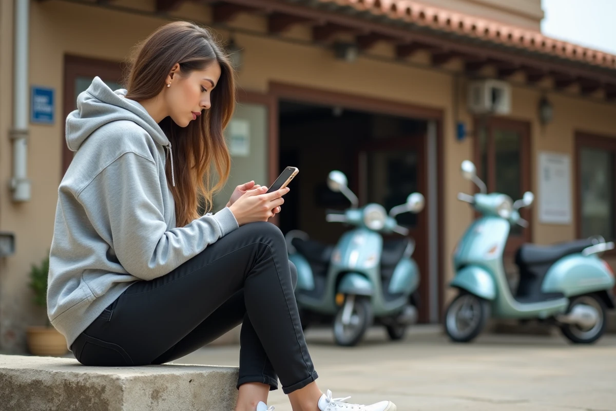 Jeune femme recherchant une moto à petit budget sur son téléphone devant un concessionnaire de motos à Agde