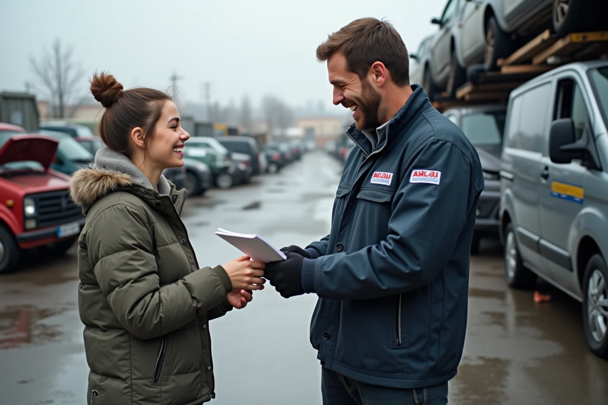 Jeune femme remet des papiers &agrave; un recycleur auto