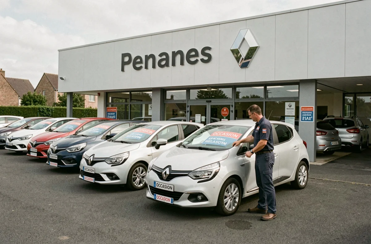 Façade de la concession Renault Occasion Rennes avec rangée de véhicules certifiés et technicien en inspection