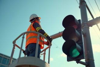 Travailleur en gilet haute visibilité répare un feu de circulation en ville