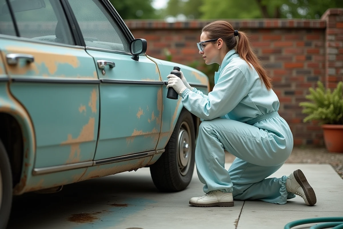 Femme effectuant une retouche peinture carrosserie sur une ancienne voiture dans une allée avec bombe de peinture et cache de protection