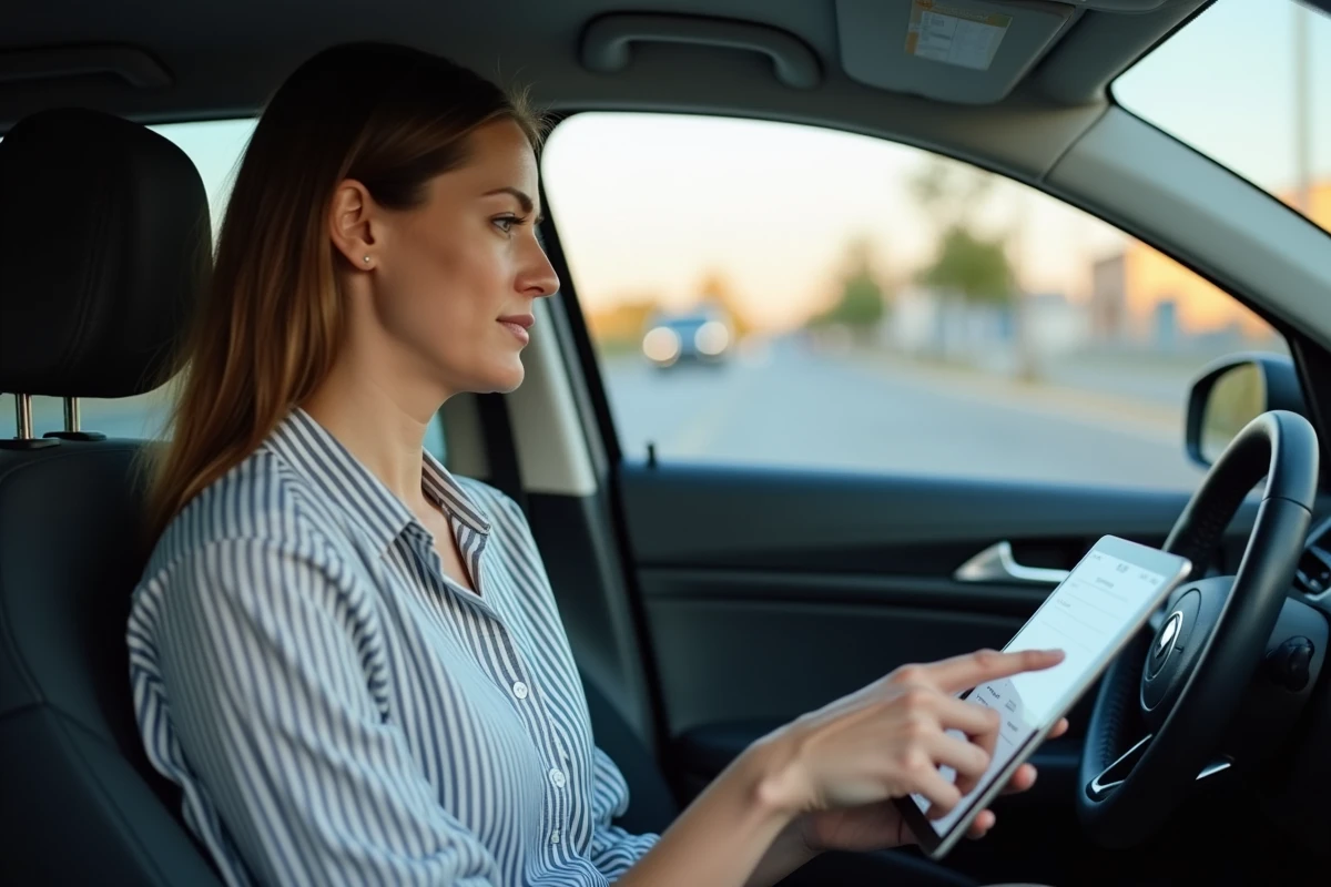 Femme révisant les questions du code de la route sur tablette dans une voiture garée