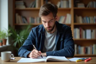 Jeune homme révisant les questions du permis de conduire avec un livret annoté à son bureau