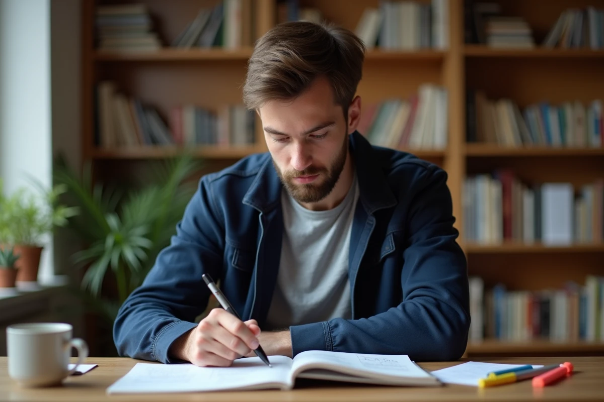 Jeune homme révisant les questions du permis de conduire avec un livret annoté à son bureau
