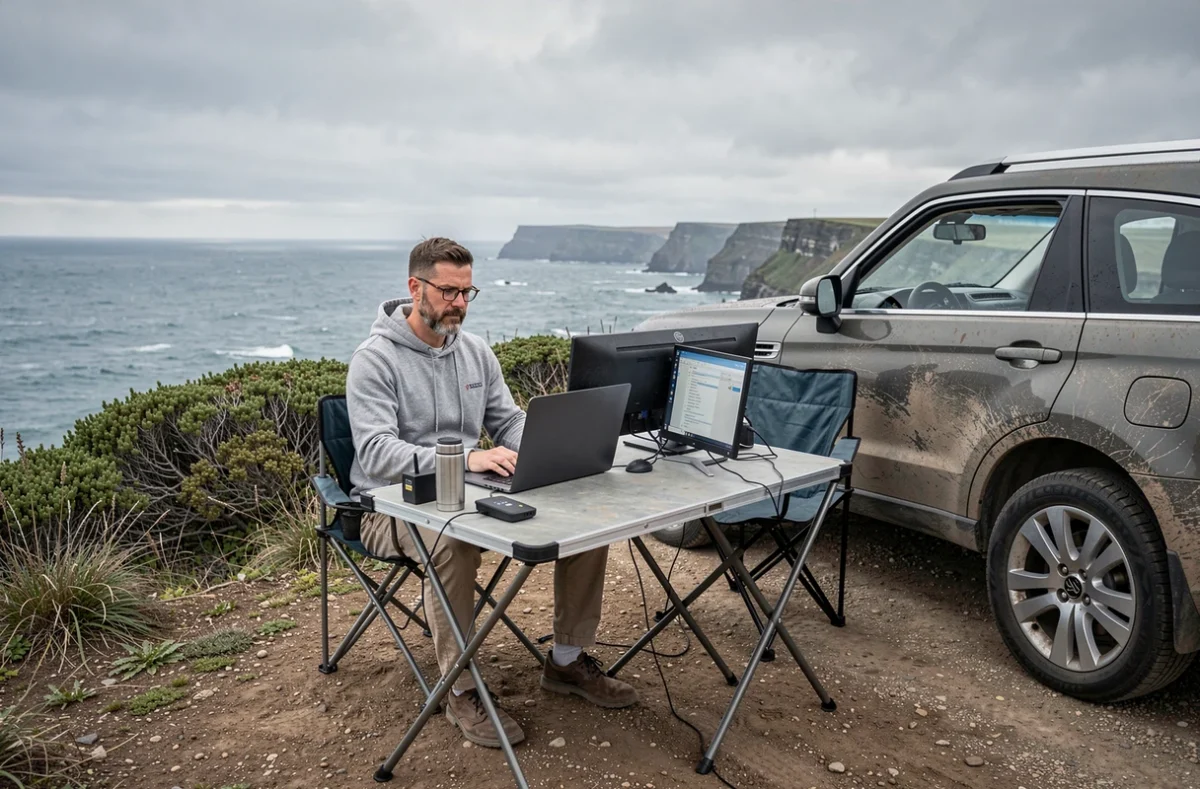 Homme en télétravail nomade avec ordinateur portable et équipement mobile installé au bord d'une falaise côtière à côté d'un SUV