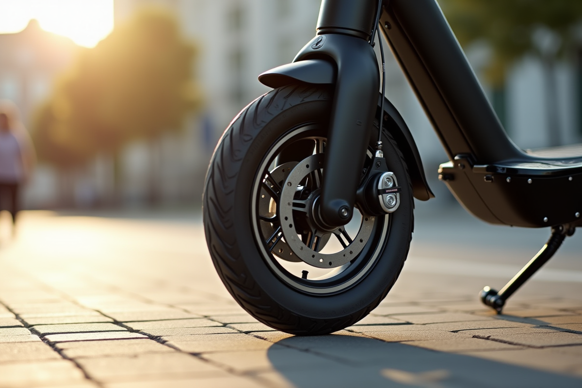Détail de la roue d'un scooter électrique moderne en ville