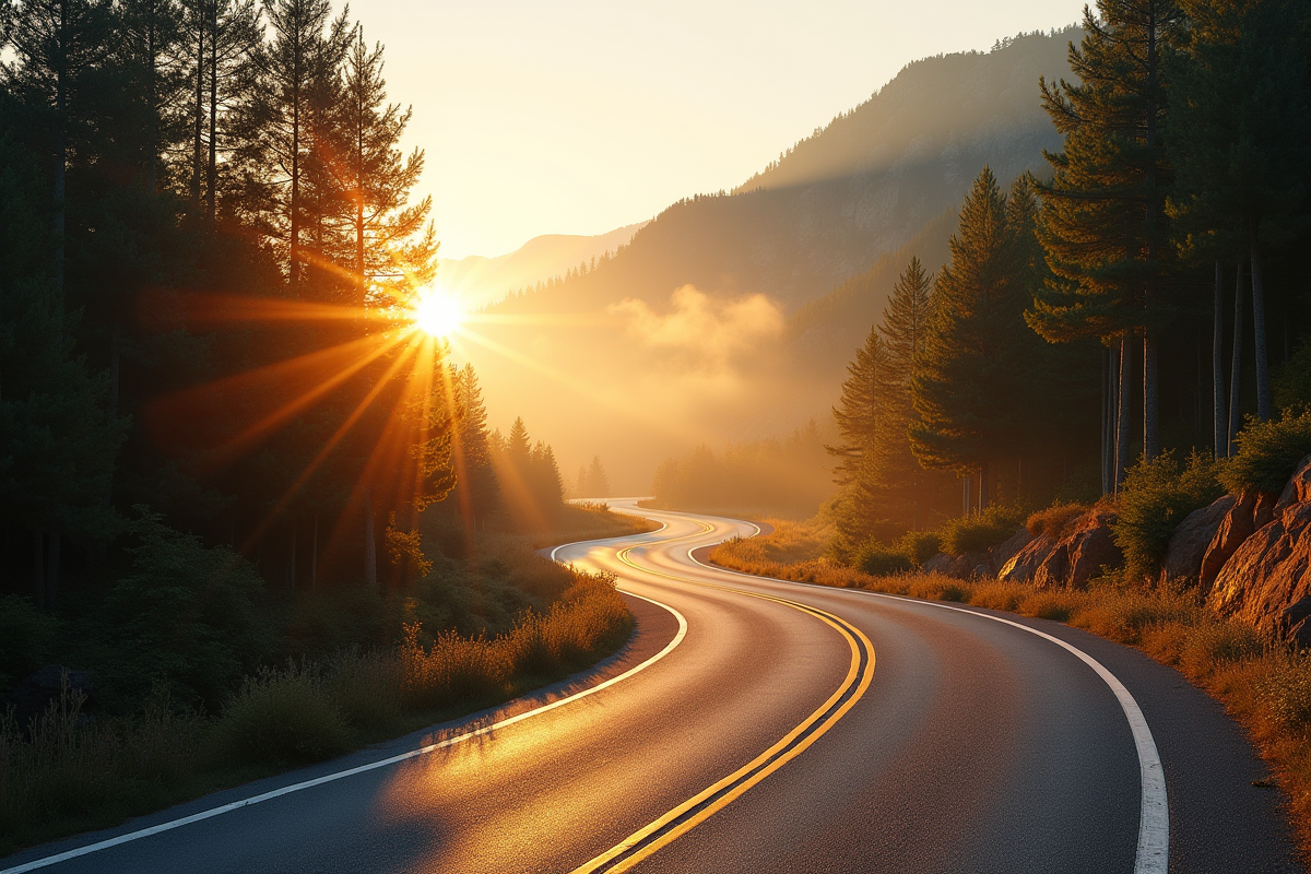 Route de montagne au lever du soleil avec pins et brume