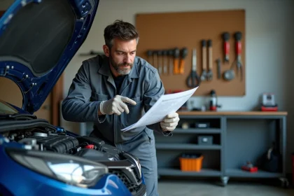 Mécanicien amateur consultant un schéma électrique sous le capot d'une Renault Mégane 3 dans un garage particulier