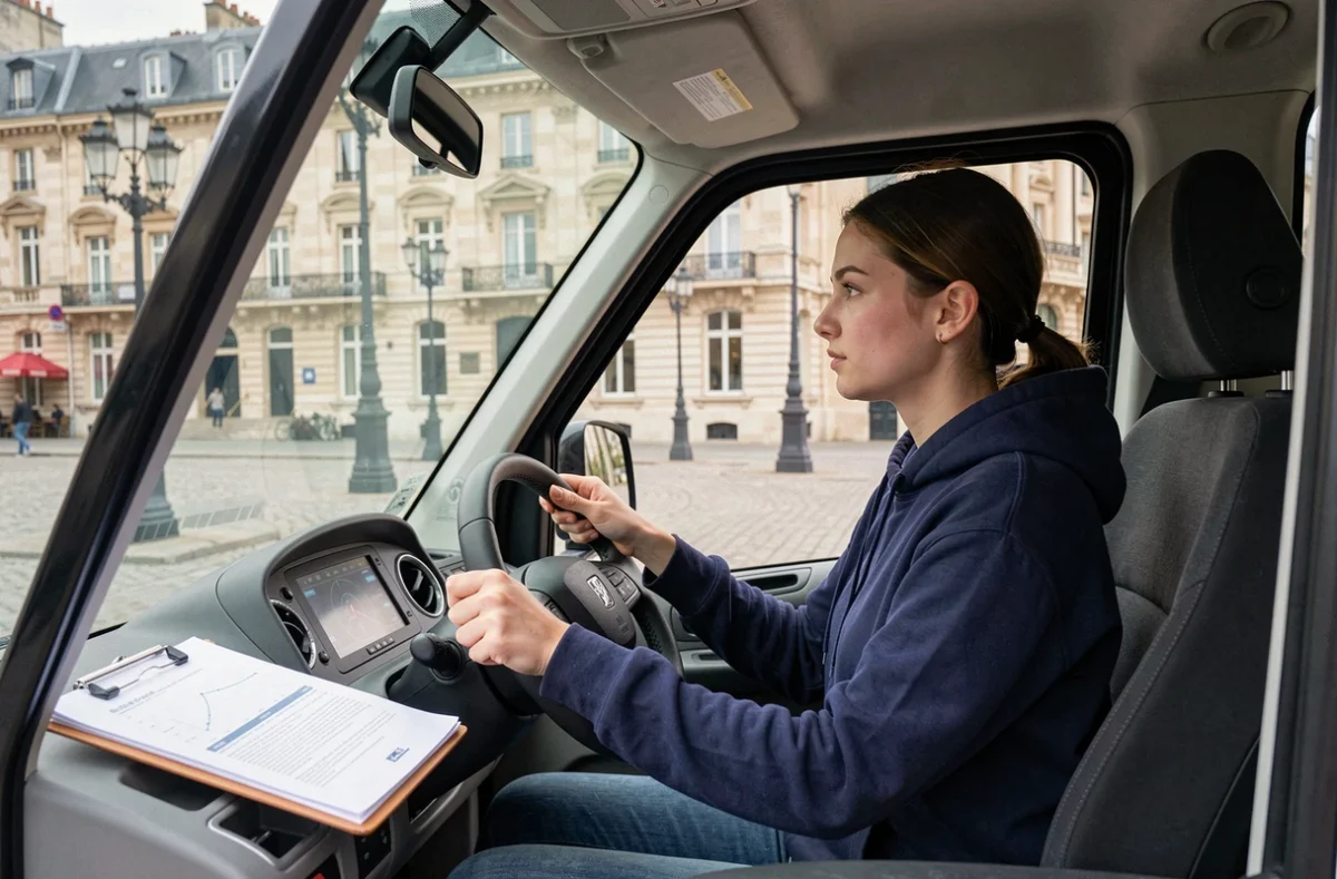 Jeune femme en formation de conduite près d'une place de la République dans le Nord, auto-école School Of Driving République