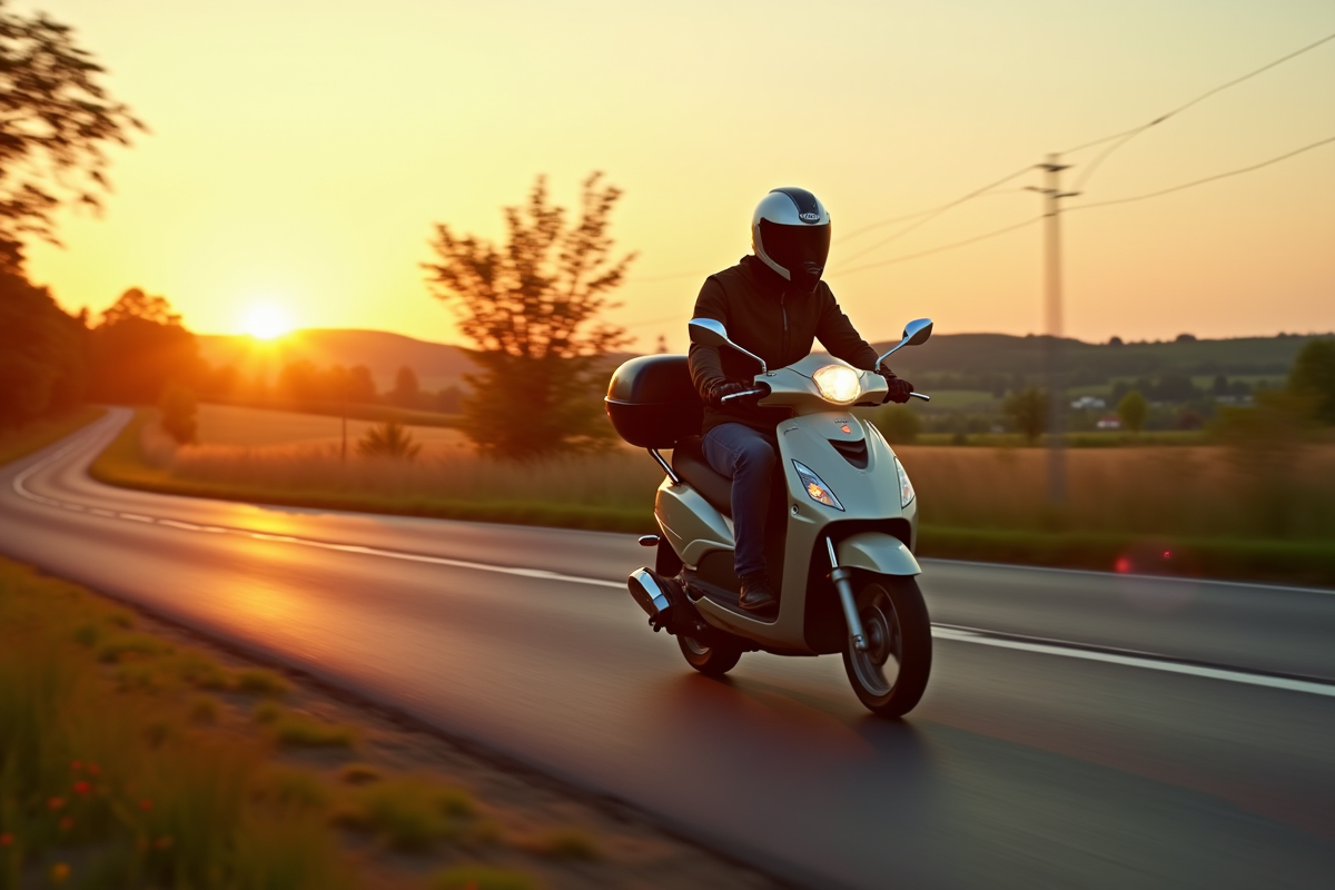 Scooter 125cc en mouvement avec pilote en campagne