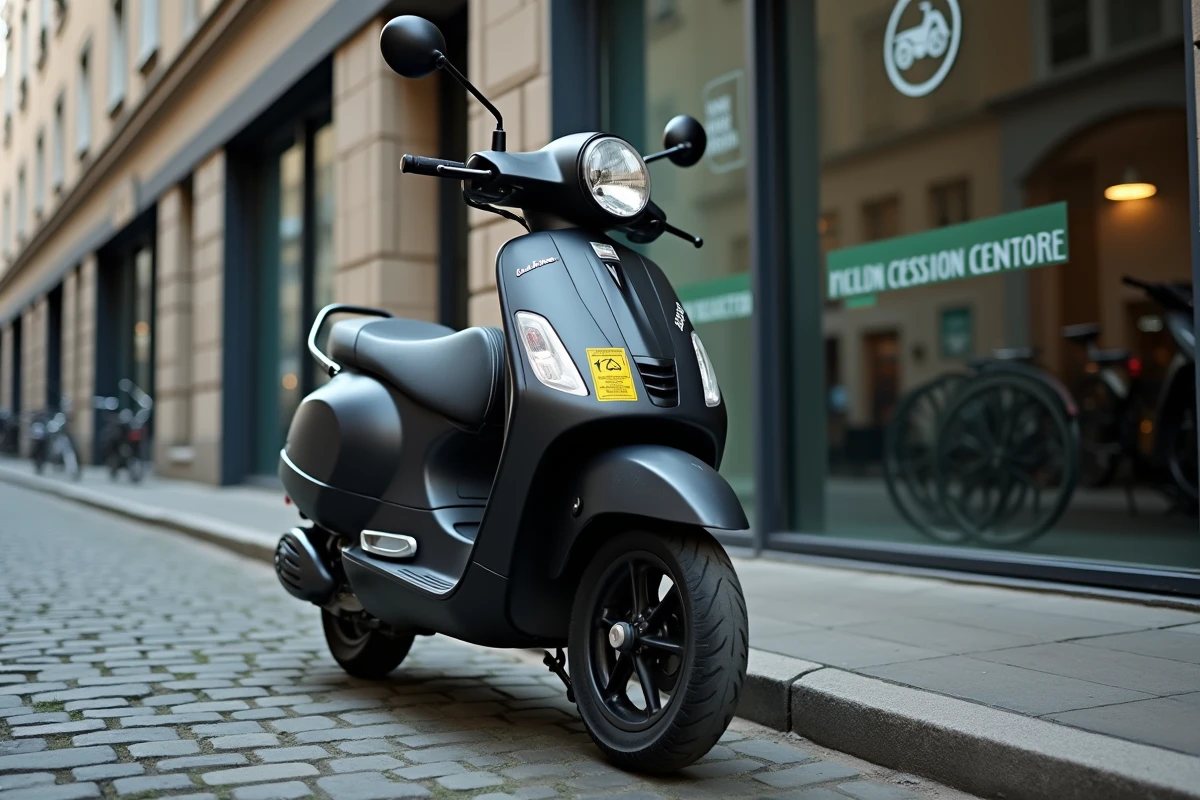Scooter stationné devant un centre de contrôle technique avec vignette d'inspection visible