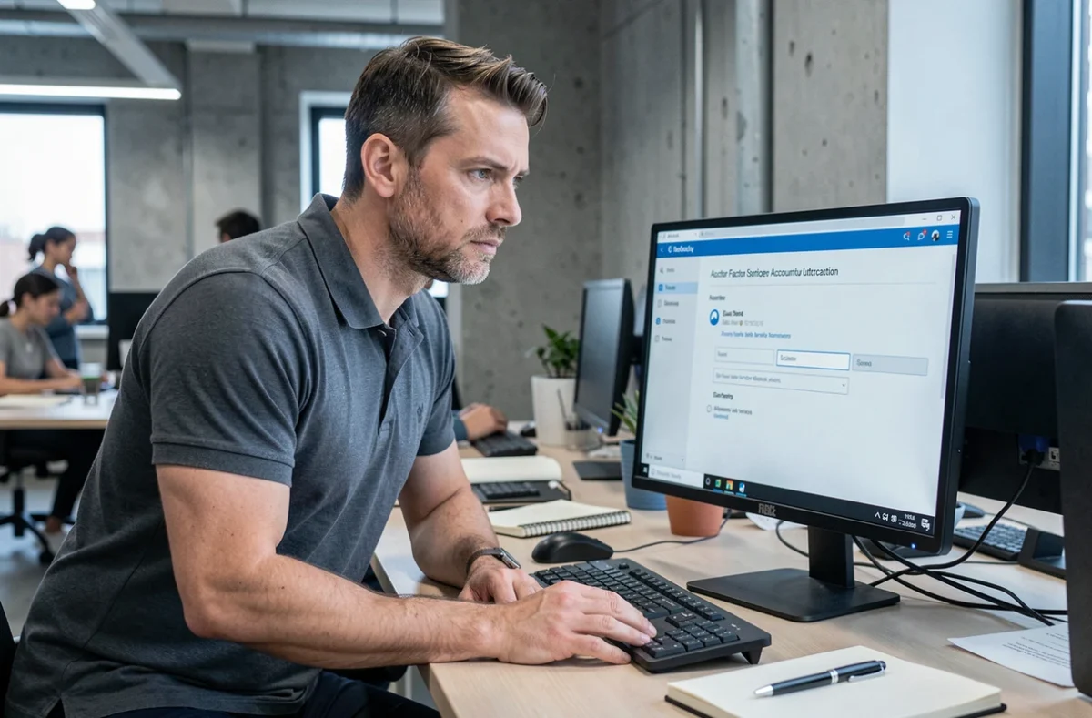 Homme sécurisant son compte en ligne sur un ordinateur de bureau en open space