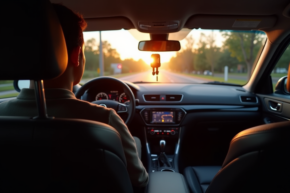Siège conducteur vide dans une voiture au lever du soleil