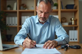 Homme signant un document de cession de vente de véhicule sur un bureau en bois avec des clés de voiture posées à côté