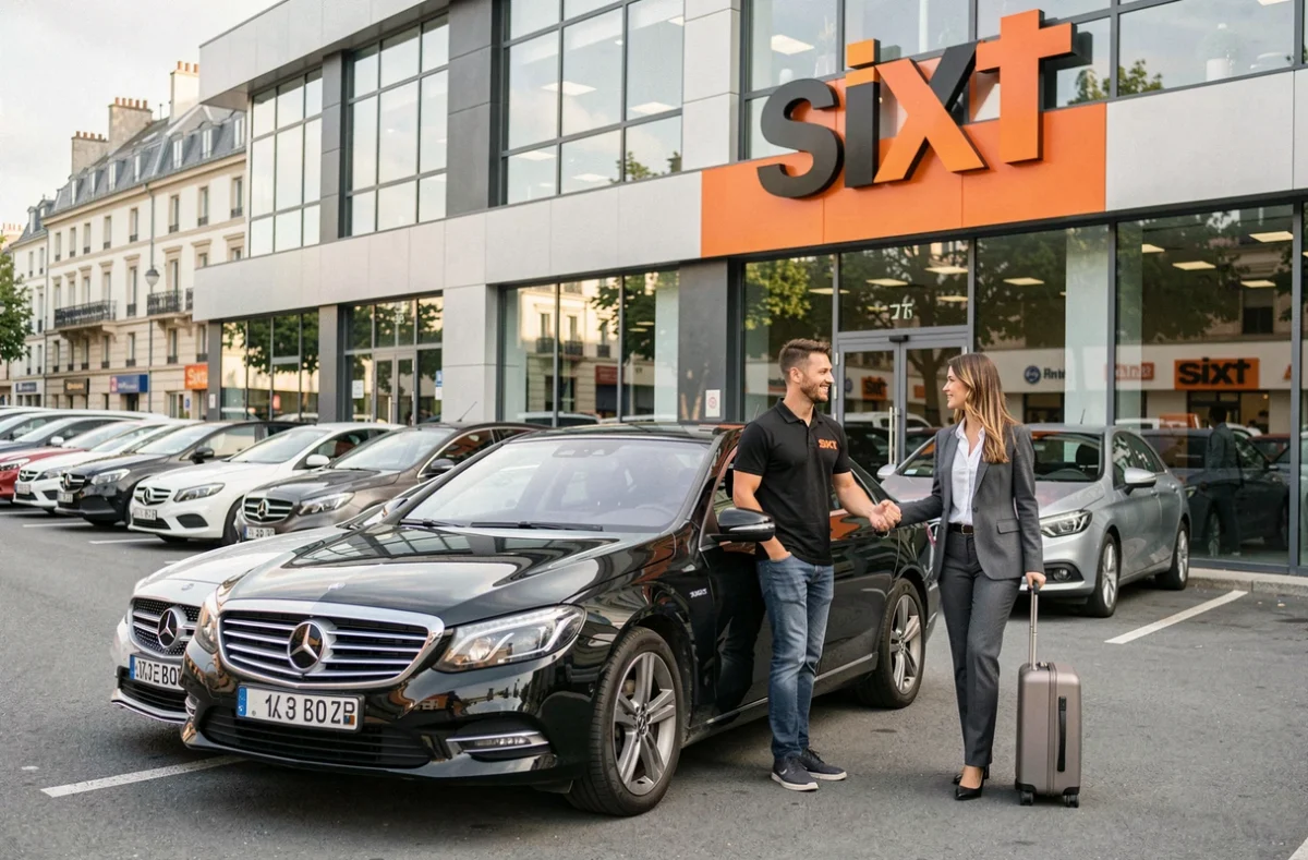 Agence Sixt avec un employé accueillant une cliente professionnelle devant une berline noire sur le parking de l'agence