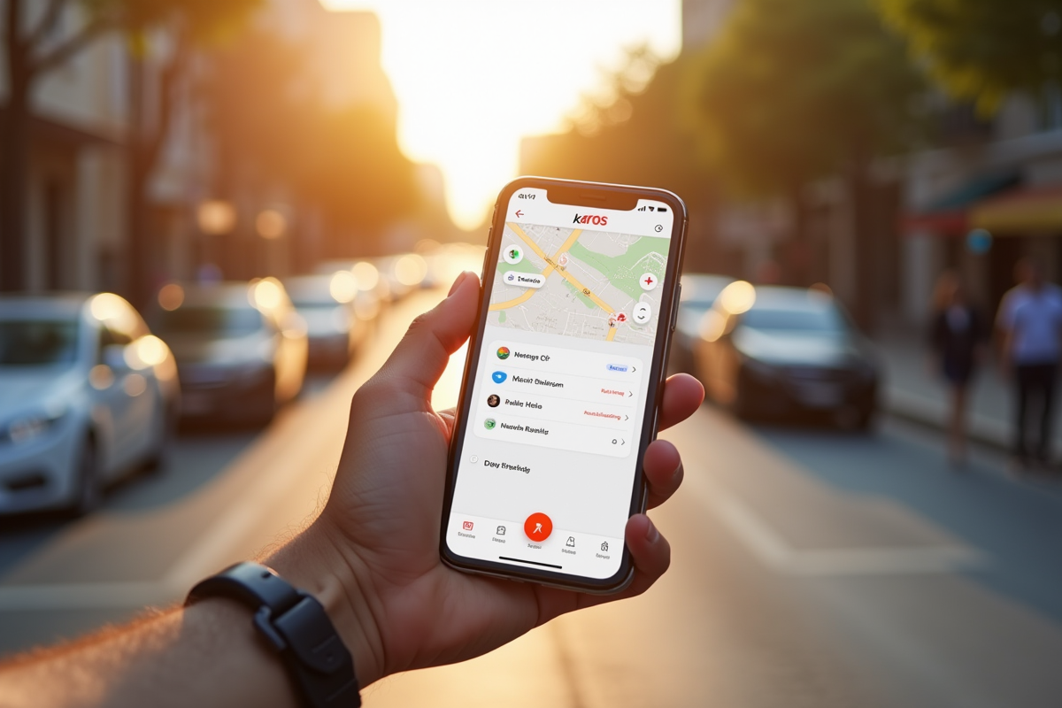 Main tenant un smartphone avec l application Karos en ville ensoleillee