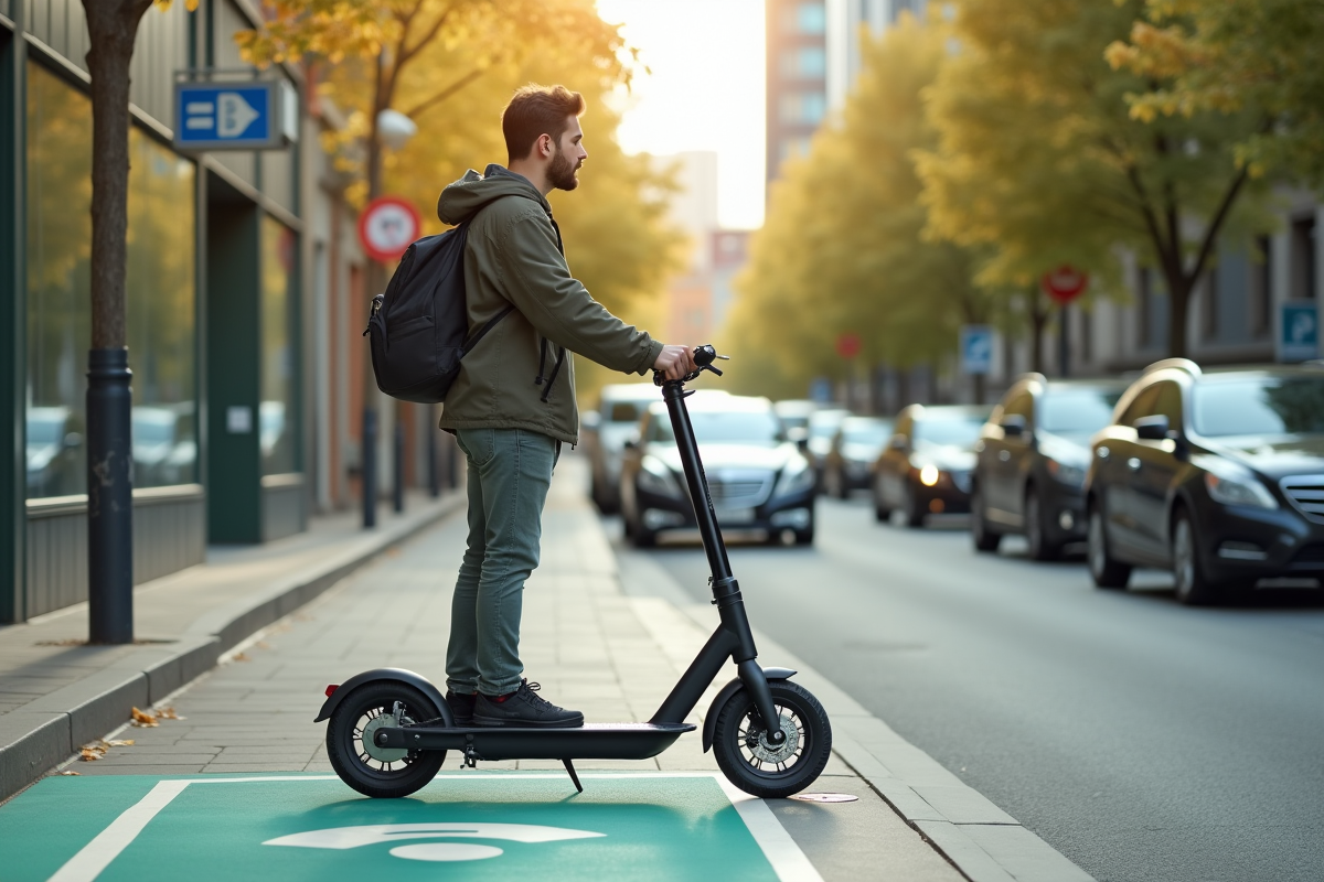 Jeune adulte stationne un scooter compact en zone urbaine