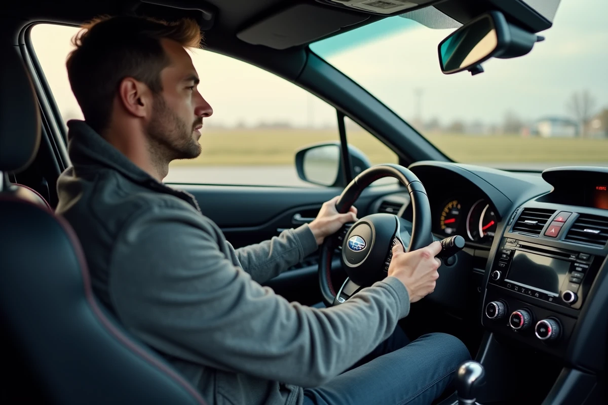 Intérieur d'une Subaru WRX avec le Prodrive Performance Pack, volant sport et tableau de bord mis en avant avec conducteur au volant