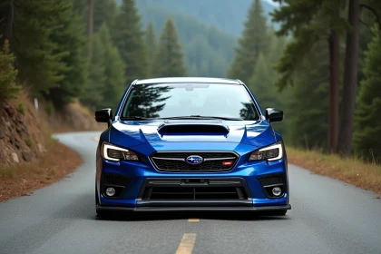 Subaru WRX de série garée sur une route de montagne sinueuse, vue trois quarts avant mettant en valeur le capot et l'aileron arrière