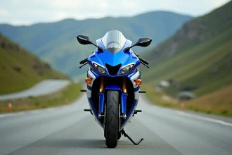 Suzuki GSX 600 R bleue garée sur une route de montagne en 2026, vue de face en 3/4 avec paysage flou en arrière-plan