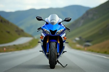 Suzuki GSX 600 R bleue garée sur une route de montagne en 2026, vue de face en 3/4 avec paysage flou en arrière-plan