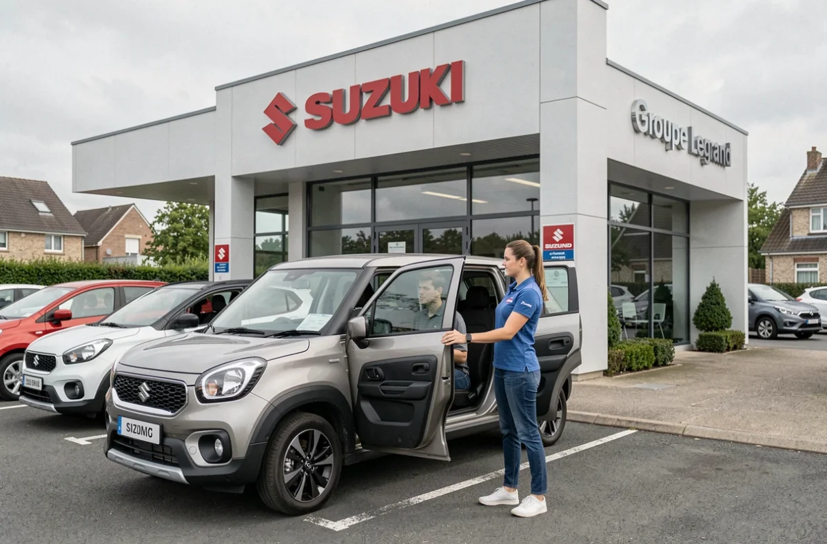 Conseillère Suzuki Rennes Groupe Legrand présentant l'intérieur d'un SUV d'occasion à un client sur le parvis