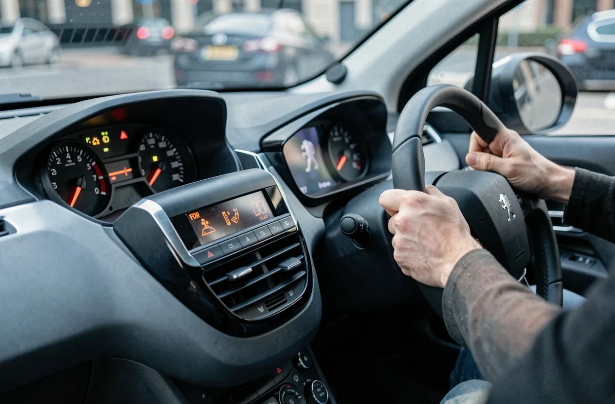 Tableau de bord d'une Peugeot 208 avec plusieurs voyants lumineux allumés en rouge et orange