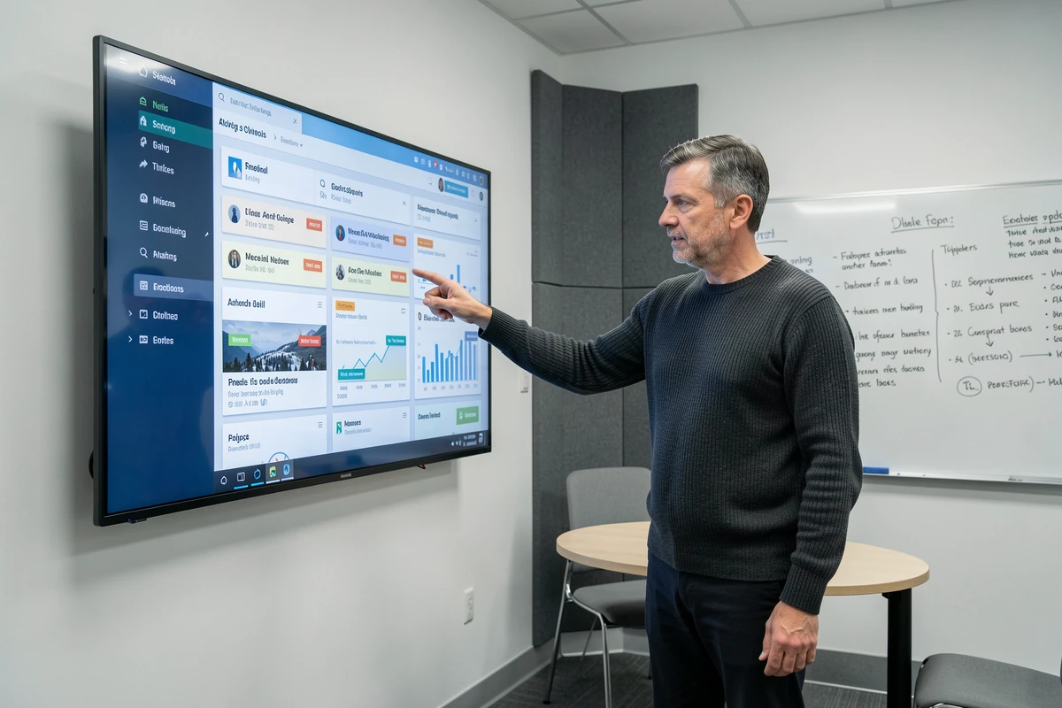 Homme analysant un tableau de bord de veille médiatique sur écran interactif dans une salle de monitoring