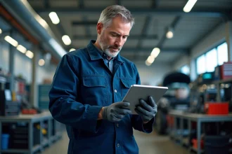 Technicien auto en overalls consultat une tablette dans un garage moderne