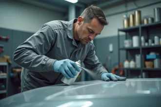 Technicien automobile appliquant une bombe de peinture apprêt sur une carrosserie dans un atelier professionnel