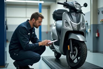 Technicien réalisant un contrôle technique sur un scooter dans un centre d'inspection agréé