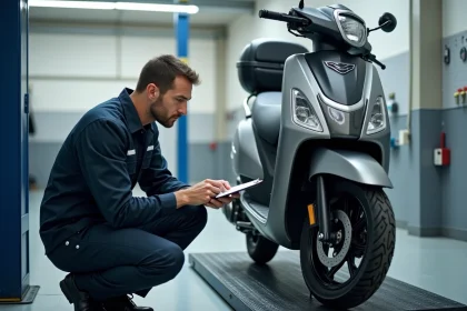 Technicien réalisant un contrôle technique sur un scooter dans un centre d'inspection agréé